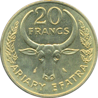 20 Francs = 4 Ariary 1970-1972, 1977-1984, 1986-1989 Wertseite